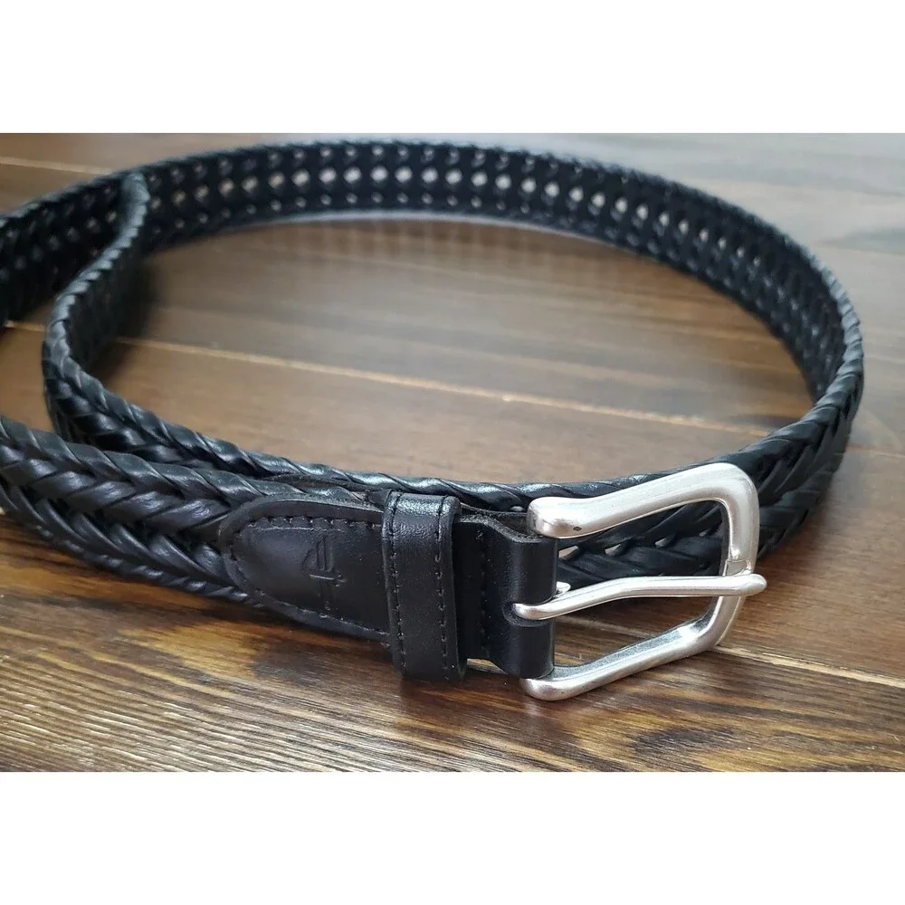Dockers Braided Belt Men's 40 Black Leather Tab & Cord Woven Silvertone Buckle